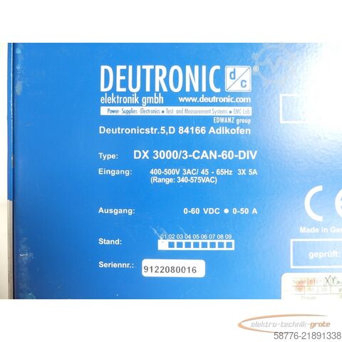 Component  Deutronic DX 3000 / 3-CAN-60-DIV Einbaustromversorgung Stand: 1 SN: 9122080016