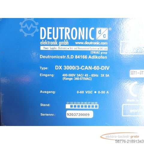 Component  Deutronic DX 3000 / 3-CAN-60-DIV Einbaustromversorgung Stand: 1 SN: 92037202009