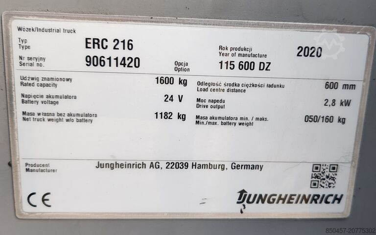 Palettenstapler Jungheinrich ERC216 Li-Ion 1600kg/ 6m/ 2020y/ 4976mh