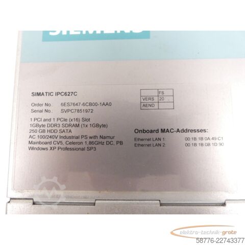 Komponent Siemens Simatic IPC627C / 6ES7647-6CB00-1AA0 Industrielles Box-PC SN SVPC7851972