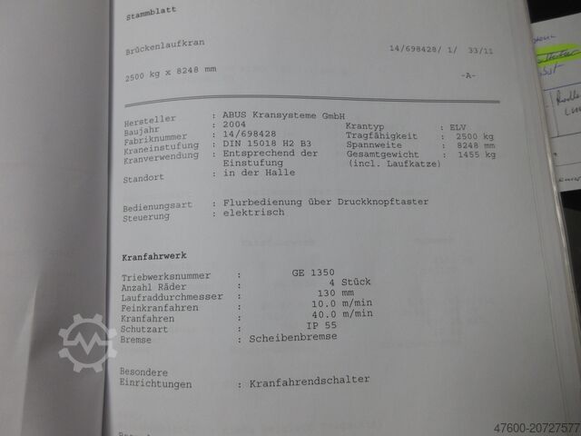 ABUS Hallenkran Brückenkran Kran ELV 3,2 NL 3200Kg Portalkran Kran 8248mm 12Std
