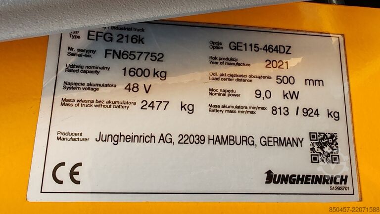 كهربائي - 3 عجلات Jungheinrich EFG216k /2021y/ 4560mh RES MA