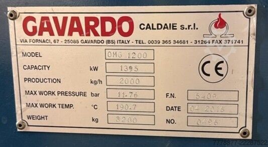 Steam Boiler Plant – 1395 kW – 2000 kg/h GAVARDO Caldaie S.r.l. OMG 1200