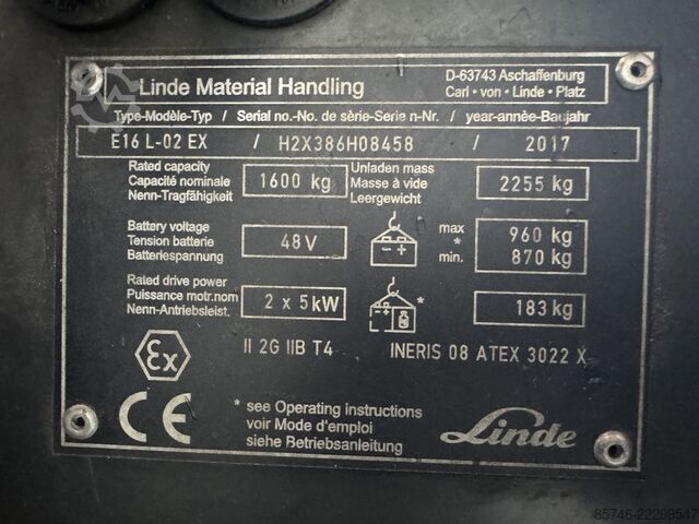 E 16 L - 386 / 02 Evo * Atex EX * Proplan 2G / Zona 1 !! ¡¡Batería NUEVA!! LINDE E 16 L - 386 / 02 Evo * Atex EX * Proplan 2G / Zone 1 !! NEW battery !!