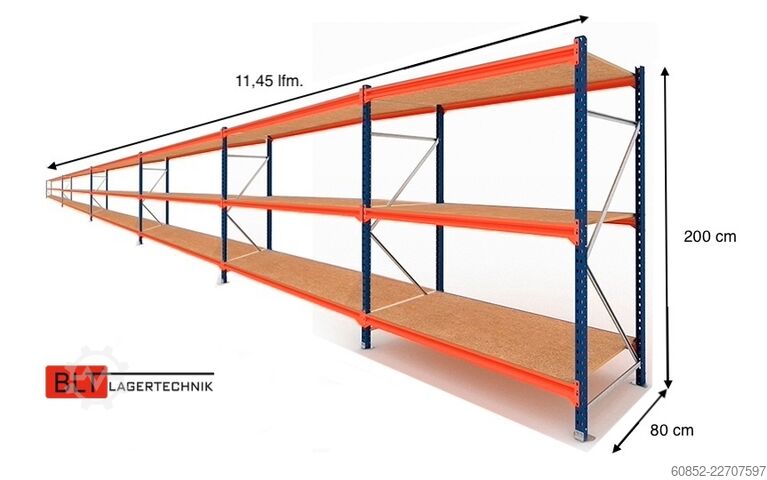 široki skladišni regali ca. 11,45 lfm. Weitspannregale H: 200 cm T: 80 cm , 400 kg Fachlast , 3 Ebenen