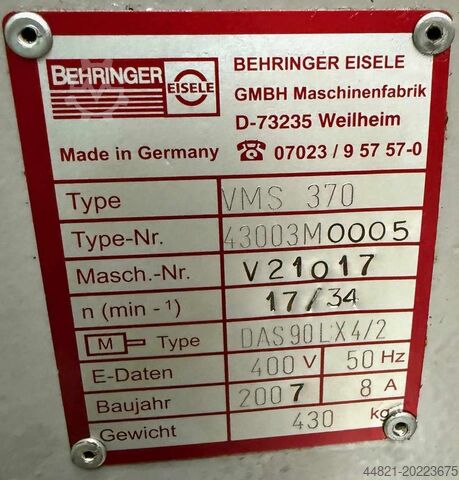 Piła tarczowa do metalu BEHRINGER-EISELE VMS 370