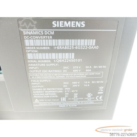 Hluti Siemens Simens 6RA8025-6GS22-0AA0 SINAMICS DCM DC-Converter  SN: Q6H22450101