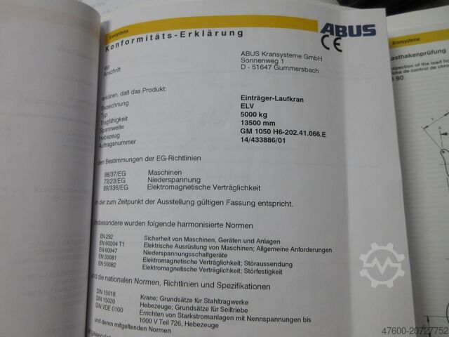 Puente grúa aéreo, grúa interior, ancho de vía 13.500 mm ABUS Hallenkran Brückenkran Kran ELV 5t NL 5000Kg Portalkran Kran 13500mm 131Std