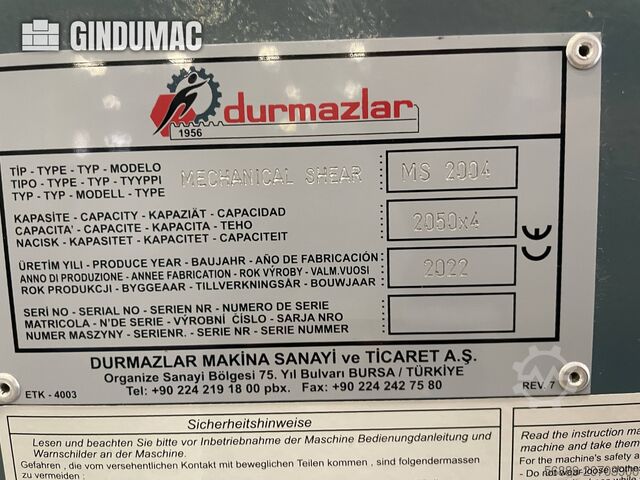 Machine à cisailler hydraulique Durma MS 2004 NC