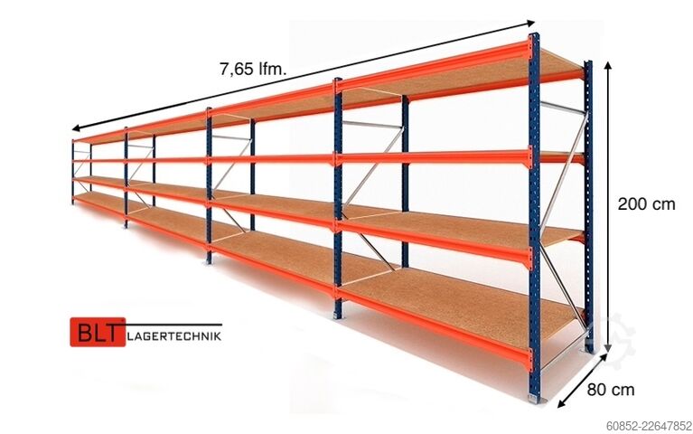 Breedvak opslagsstelling ca. 7,65 lfm. Weitspannregale H: 200 cm T: 80 cm , 400 kg Fachlast , 4 Ebenen