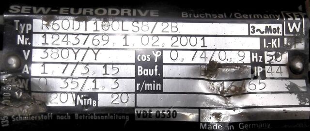 Gearmotor 0,35/1,3 kW 16/65 omdrejninger pr. minut SEW-EURODRIVE R60DT100LS8/2B