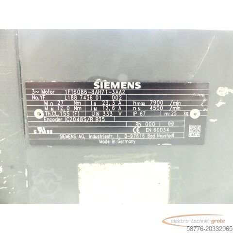 Động cơ Siemens Siemens 1FT6086-8AH71-3AA2 Synchronservomotor SN: YFL188743601002