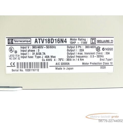 Komponentti Telemecanique ATV18D16N4 ALTIVAR 18 Frequenzumrichter SN:1028116112