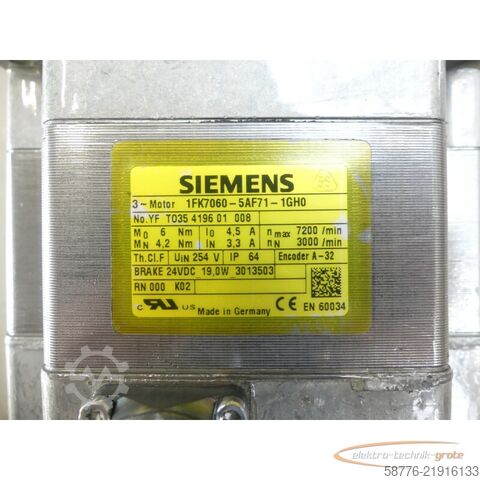 नियंत्रण इकाई Siemens 1FK7060-5AF71-1GH0 Servomotor SN: YFT035419601008