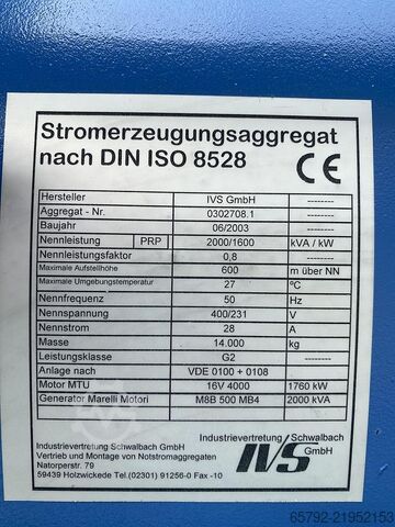 2003 MTU 16V4000 - 2000/2200 KVA MTU 16V4000
