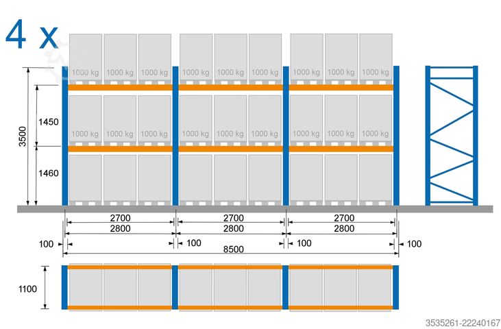 رف الباليت 4 x 8,5 m lang, 4,5 m hoch, 16 Rahmen 48 Traversen, 3 Ebenen 3t