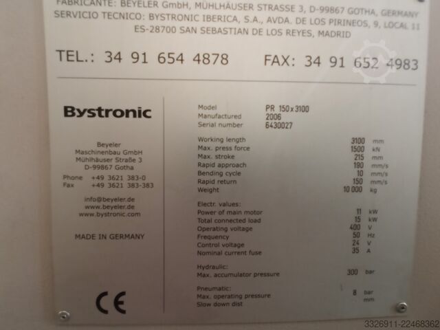 プレスブレーキ Bystronic PR 150x3100