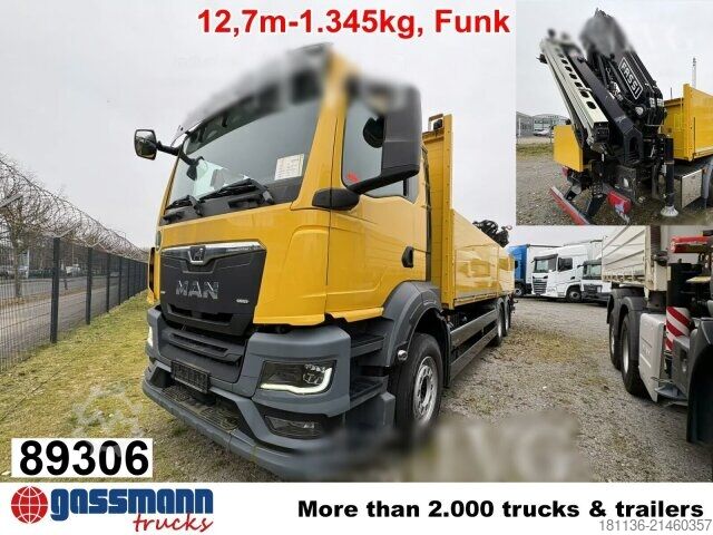 Flatbed truck MAN TGS 26.430 6x2-2 BL, Liftachse, Heckkran Fassi
