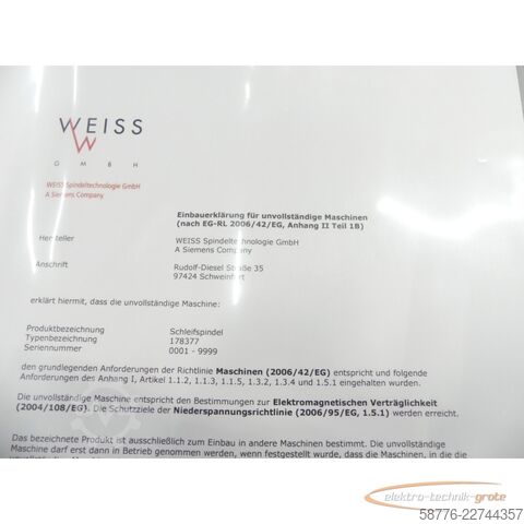 Componente Weiss 178377 Schleifspindel 21kw / 7000 U/min = 0001    !
