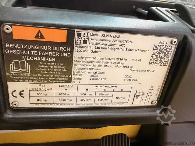 Rafknúinn 4 hjól lyftara Hyster J2.0XN LWB