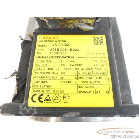  Fanuc A06B-0061-B003 AC Servomotor SN: C156F28C3 + Pulsecoder A860-2020-T301