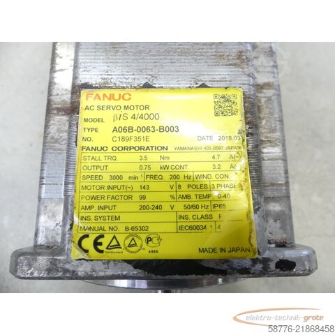  Fanuc A06B-0063-B003 AC Servo Motor SN: C189F351E + A860-2020-T301 Pulsecoder