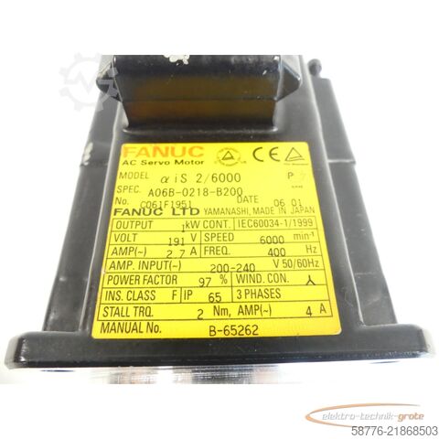  Fanuc A06B-0218-B200 AC Servo Motor SN: C061F1951 ohne Pulsecoder