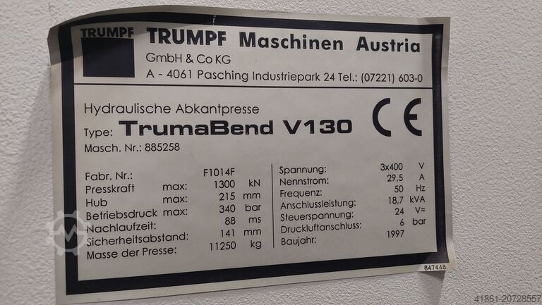 液压数控压力制动器 TRUMPF Trumabend V 130 x 3000