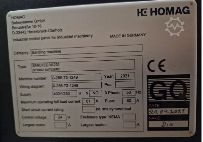광폭 벨트 샌더 HOMAG SANDTEQ W-200 OPTIMAT SWT 22/RC