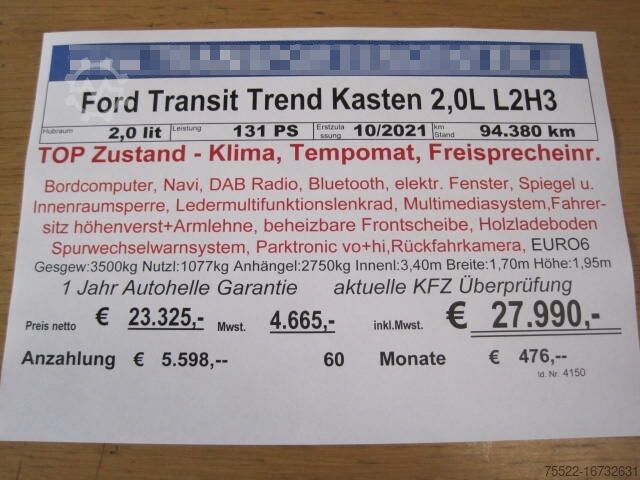Kastenwagen Ford Transit Trend Kasten L2H3 - Klima, Navi