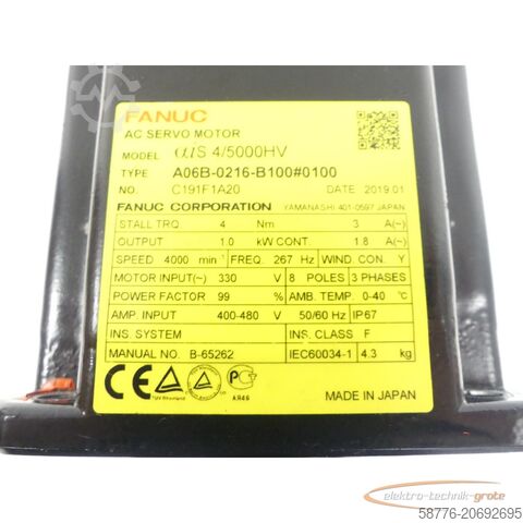 Motor fanuc Fanuc A06B-0216-B100 #0100 AC Servomotor SN: C191F1A20 + Encoder A860-2000-T321