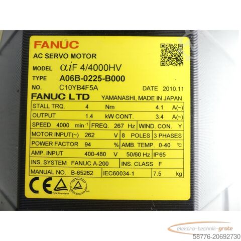 Enjin Fanuc Fanuc A06B-0225-B000 AC Servomotor Seriennummer: C10YB4F5A