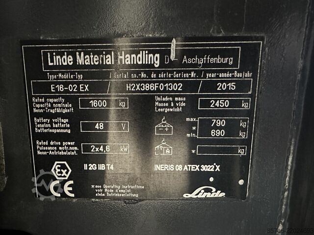 E 16 - 386 / 02 Evo * Atex EX * Proplan 2G / Zon 1 !! NYtt batteri !! LINDE E 16 - 386 / 02 Evo * Atex EX * Proplan 2G / Zone 1 !! NEW battery !!