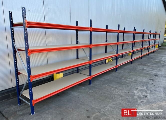 Regał magazynowy o szerokim rozstawie ca. 57 lfm. Weitspannregale H: 200 cm T: 60 cm , 400 kg Fachlast , 4 Ebenen