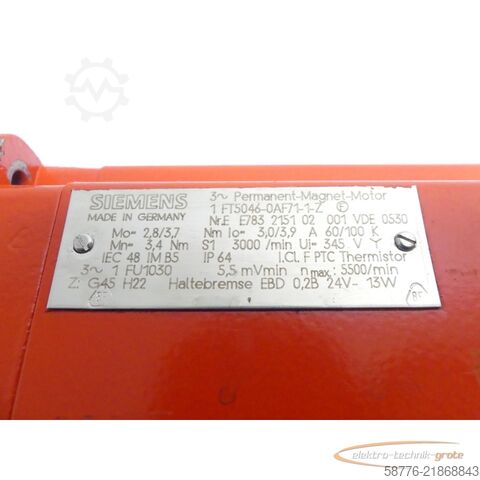 Control unit Siemens 1FT5046-0AF71-1 - Z AC-VSA-Motor SN: EE783215102001 - Z = G45 / H22