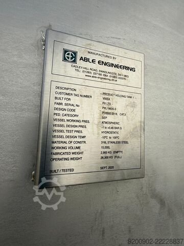15000L Stainless Steel Storage Tank ATEX Able Engineering 