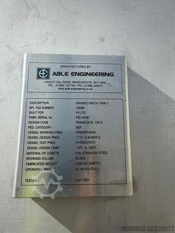 30000L Stainless Steel Storage Tank ATEX Able Engineering 