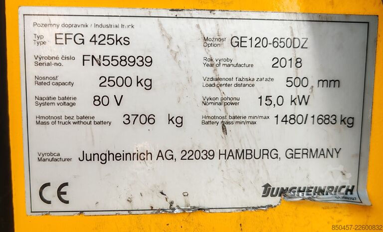 Elektrisks – 4 riteņi Jungheinrich EFG 425ks 6.5m/ batt2021/ 4v