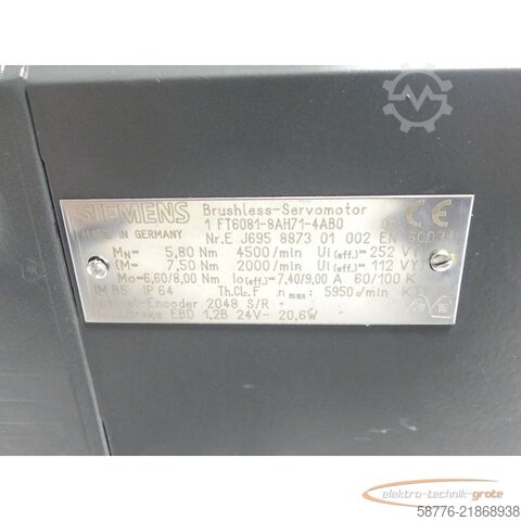 หน่วยควบคุม Siemens 1FT6081-8AH71-4AB0 Brushless-Servomotor SN:EJ695887301002