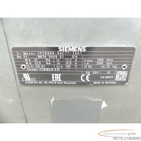 Unit kawalan Siemens 1FT6086-8AC71-3AA1 Synchronservomotor SN: YFNN14040901014