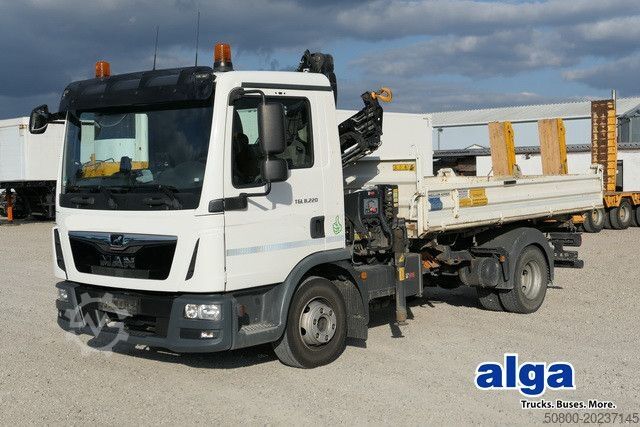 Carrinha basculante trilateral MAN 8.220 TGL BB, Hiab 055 BS-2, Greifer, AHK, Funk