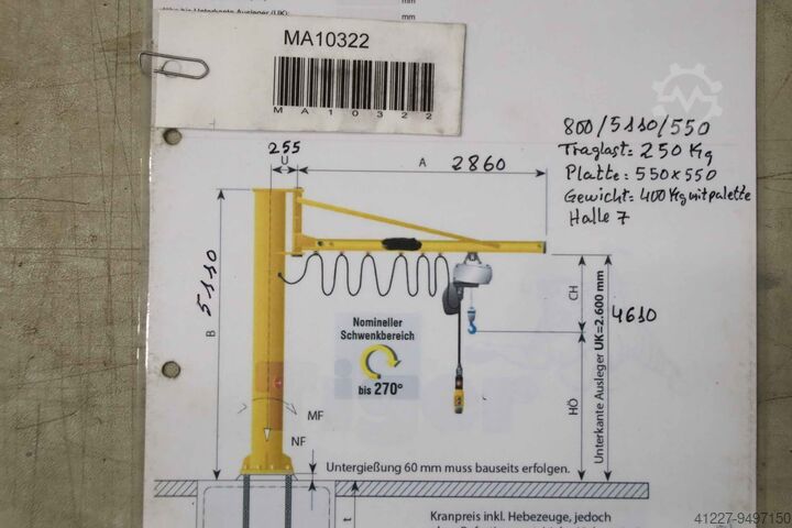 Grúa de columna giratoria, brazo de 2,86 m / 250 kg DEMAG LS Gesamthöhe 5110 mm