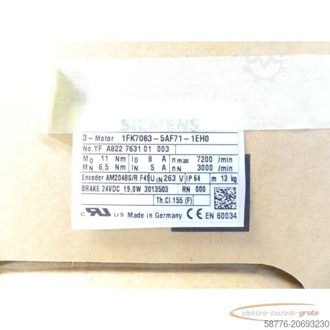 Motor Siemens Siemens 1FK7063-5AF71-1EH0 Motor SN: YFA822763101003 - ! -