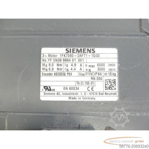 西门子电机 Siemens 1FK7080-2AF71-1QG0 Synchronmotor SN: YFCN38886401001