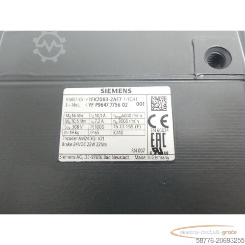 Motor Siemens Siemens 1FK7083-2AF71-1CH1 Synchronmotor SN: YFP9647775602001 ohne Drehgeber