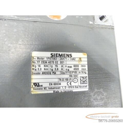 Motor Siemens Siemens 1FK7083-2AH71-1RA2 SN: C534407002001 Servomotor