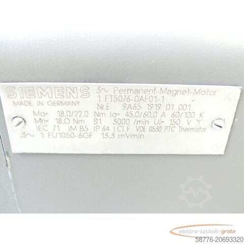 Siemens 1FT5076-0AF01-1 SN: E9A65191901001 Permanent Magnet Motor