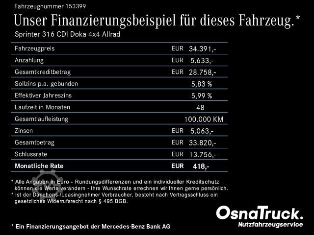 Transporter mit Pritsche & Plane MERCEDES-BENZ Sprinter 316 CDI Doka 4x4 Allrad Klima, 6-Sitze