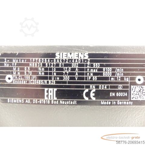 Motor Siemens Siemens 1FT6064-6AK72-4AD1 - Z Z=S53 SN: YFN8635512701002 Synchronmotor