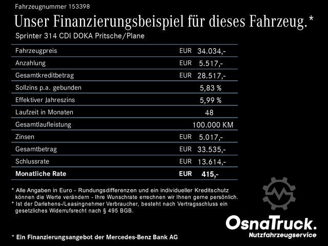 Pritschenwagen MERCEDES-BENZ Sprinter 314 CDI DOKA Pritsche/Plane Klima,Tempo